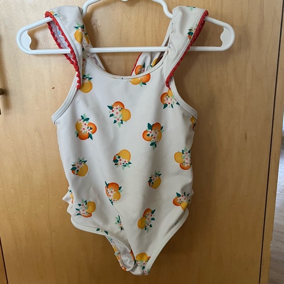 Kate Spade white Capistrano orange print ruffle butt swimsuit size 24 months - Picture 2 of 6